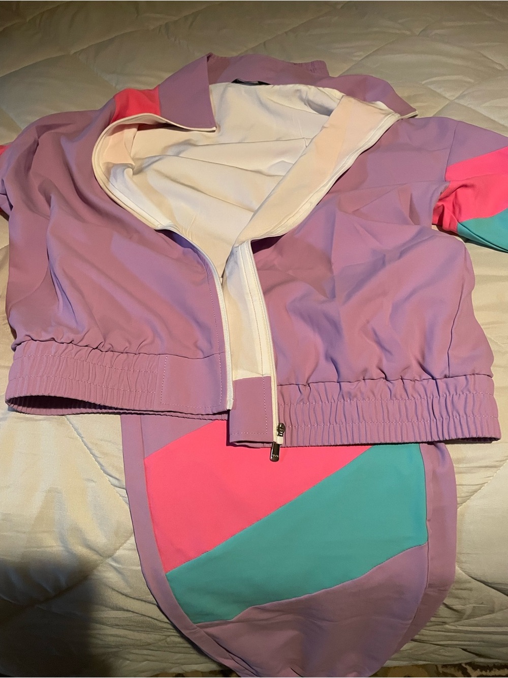 Amazon Lavender Colorblock Bomber Jacket with Pink and Teal Accents